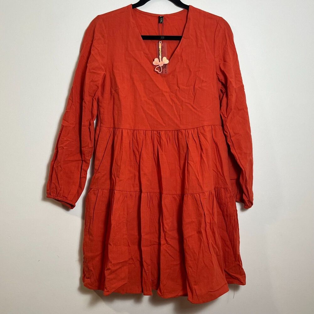 Cianni Burnt Orange Long Sleeve Tiered Babydoll Dress V-Neck Mini w/Pockets NWT - Picture 1 of 6